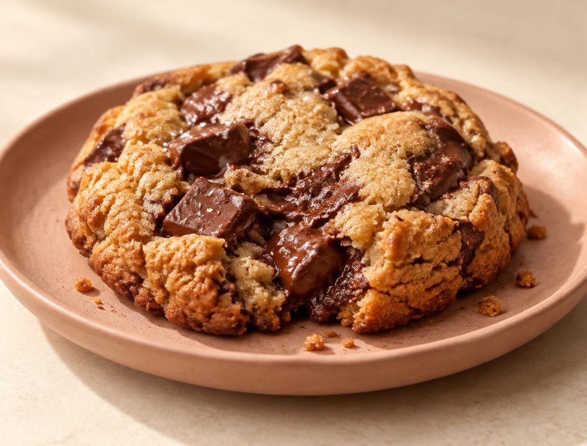 A thick chocolate chunk cookie on a clay plate